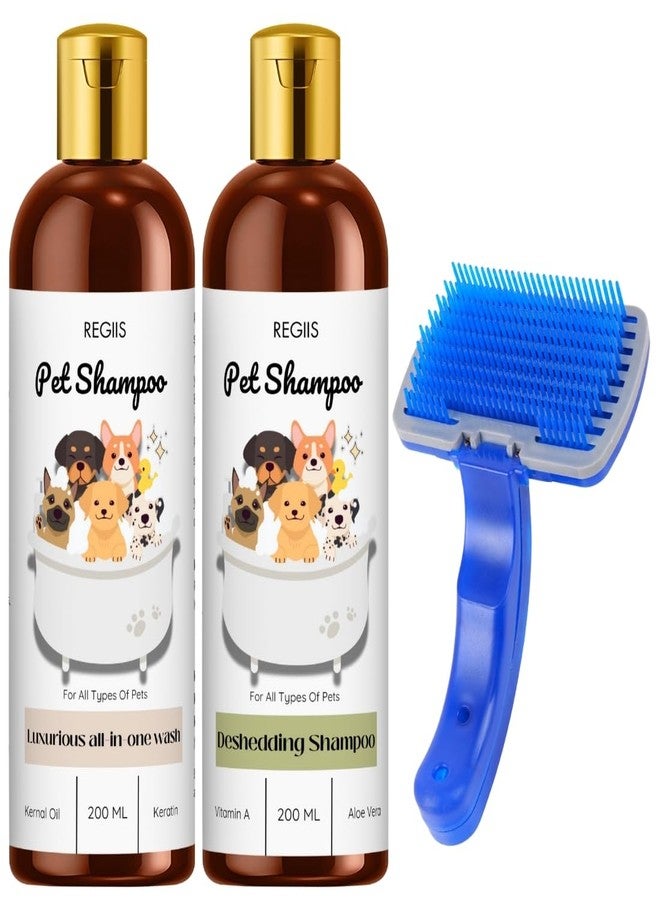Regiis Pet Shampoo Set with Grooming Brush, Luxurious All-in-One Wash and Deshedding Formula, 200ml Bottles, Blue Silicone Brush for Dogs(Pack of 3) - Image 1